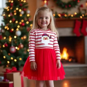 Vestido rayado de navidad con estampado papá Noel