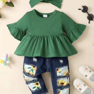 Conjunto 3 piezas blusa con mangas acampanadas jean y diadema