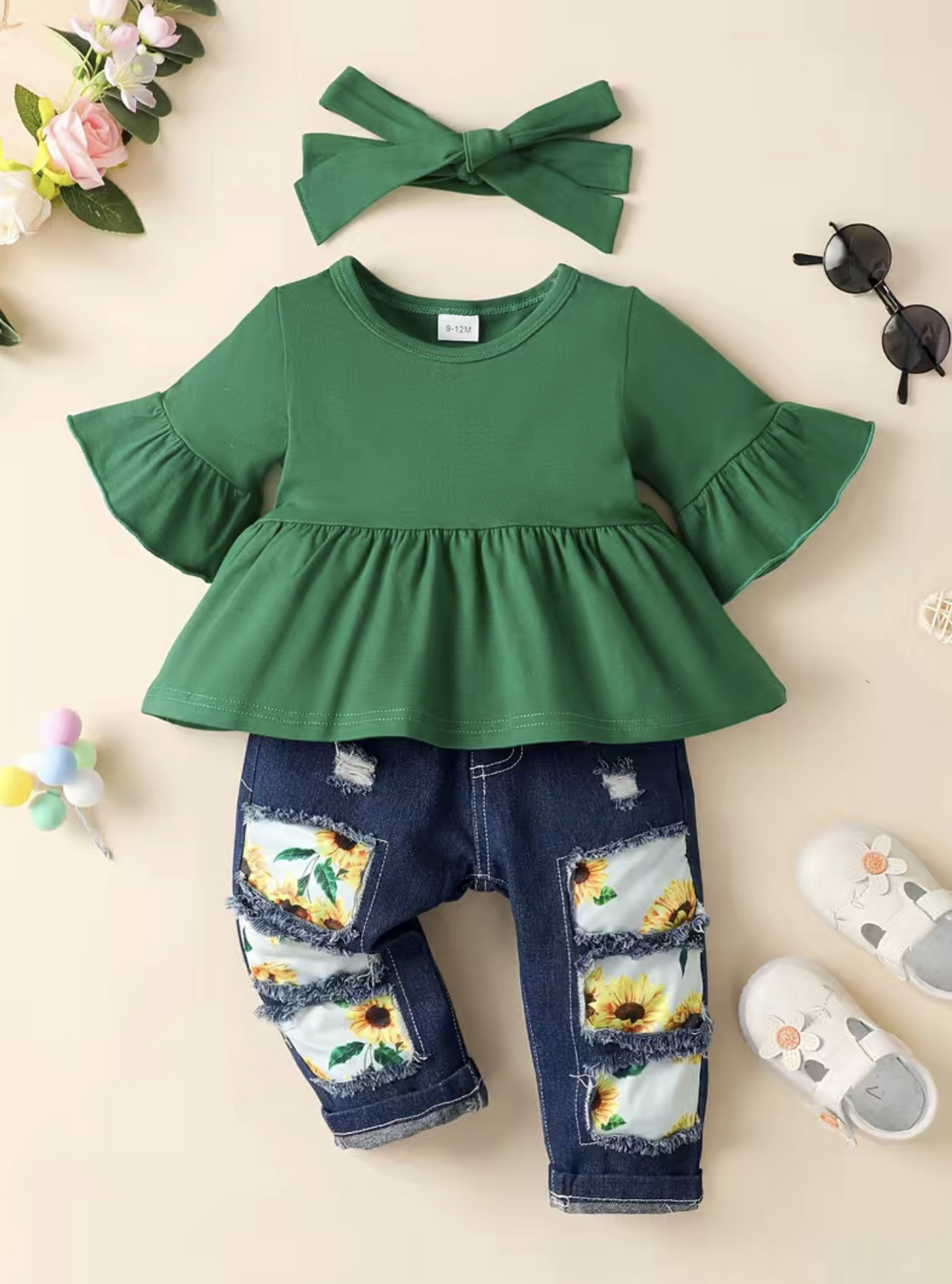 Conjunto 3 piezas blusa con mangas acampanadas jean y diadema