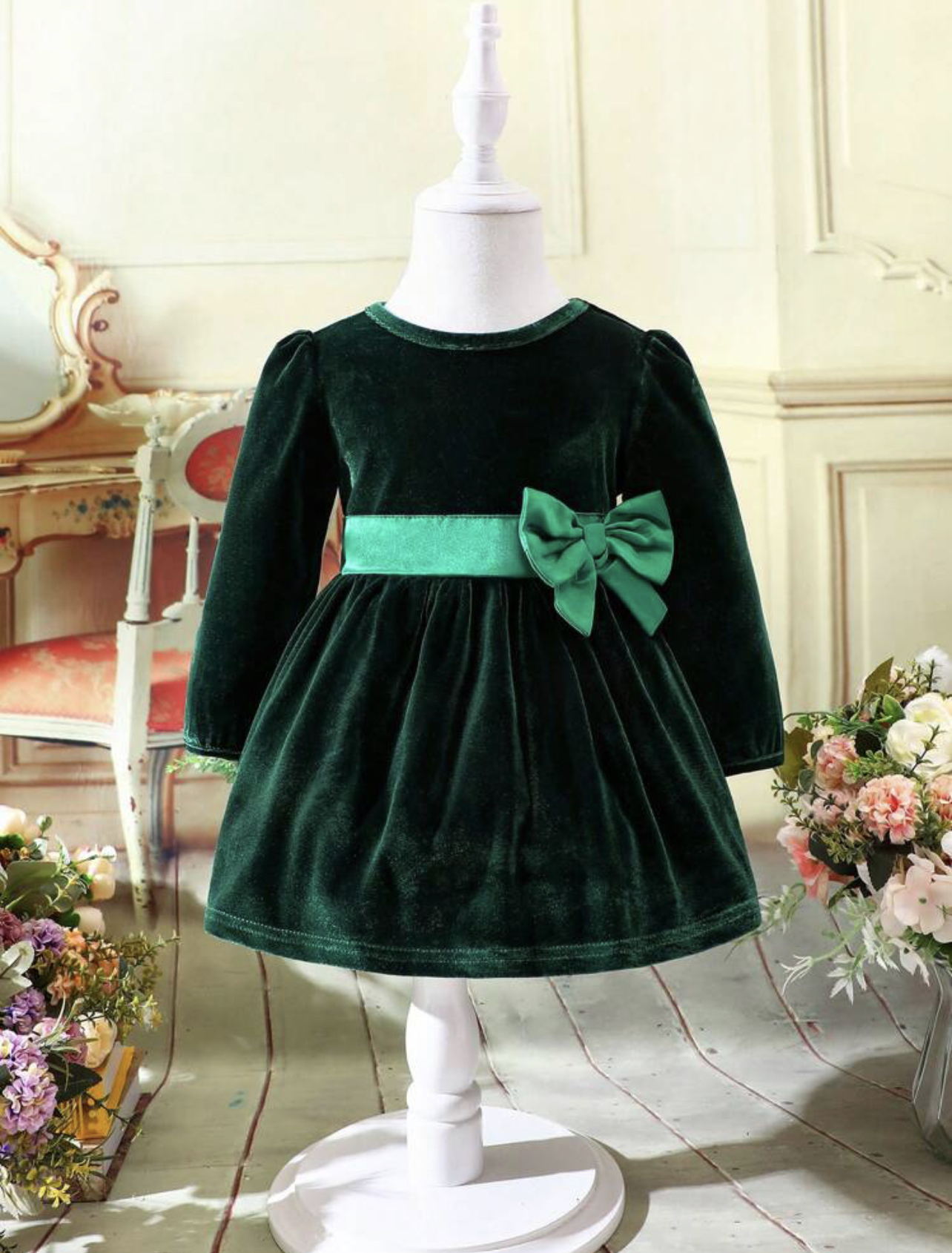 Vestido con manga farol con lazo delantero de terciopelo