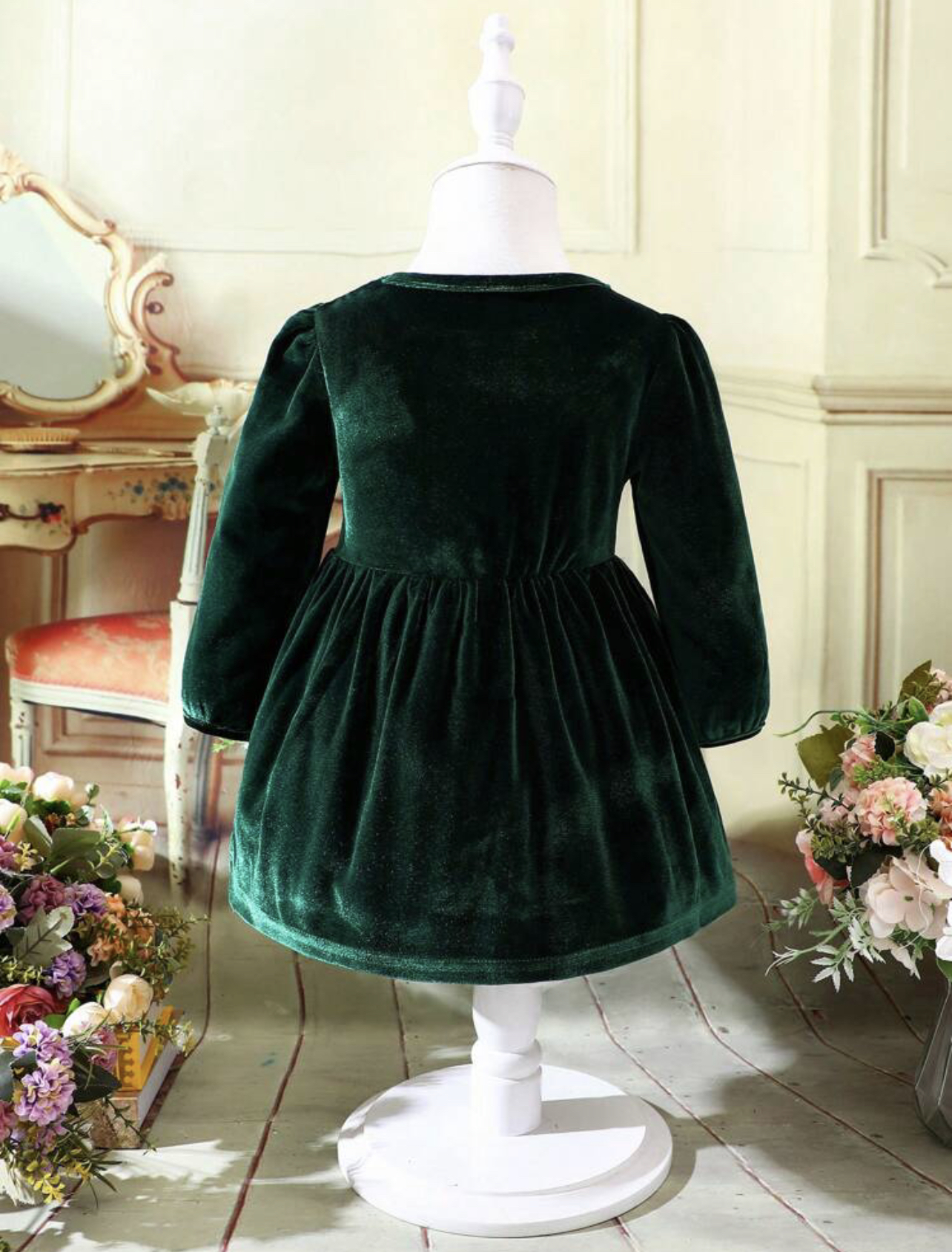 Vestido con manga farol con lazo delantero de terciopelo - Imagen 2