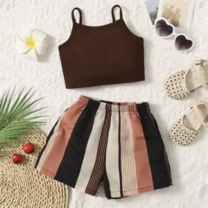 Conjunto top café y short a rayas