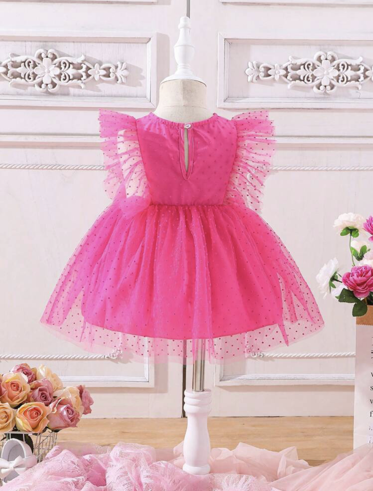 Vestido jacquard de tul con puntitos fucsia - Imagen 2
