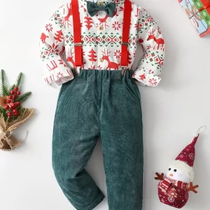 Conjunto 3 piezas navideño camisa pantalón y tirantes