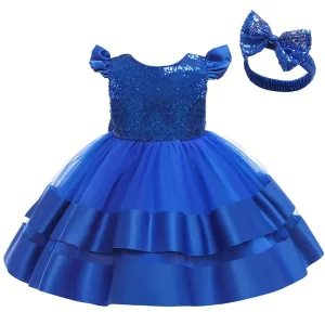 Vestido de fiesta azul con doble capa y lentejuelas