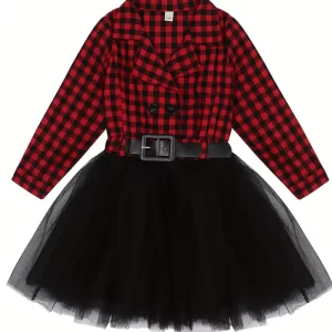 Vestido tipo camisa manga larga y tul
