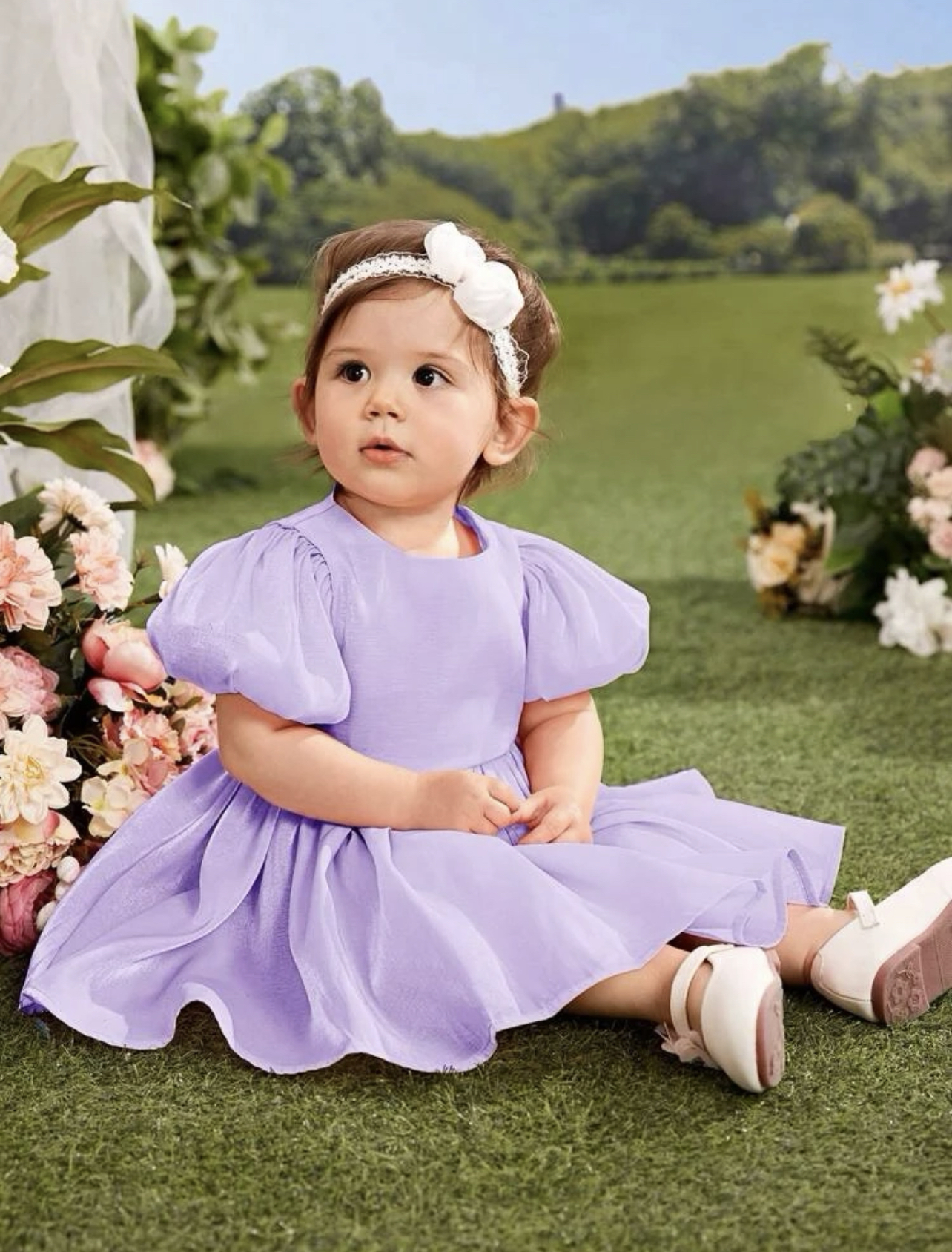 Vestido lila de manga farol con cremallera trasera