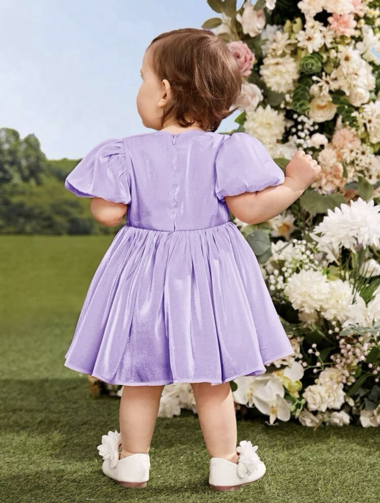 Vestido lila de manga farol con cremallera trasera - Imagen 3