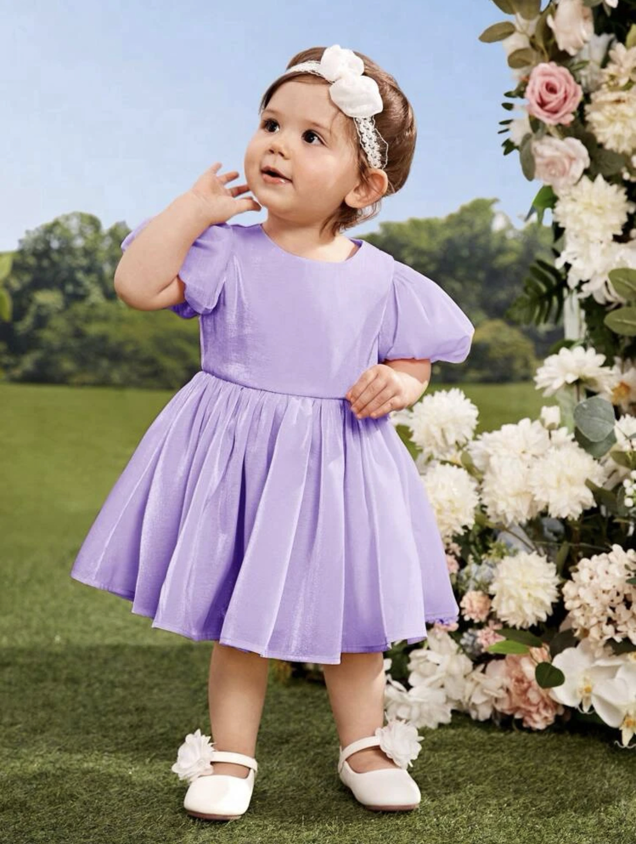 Vestido lila de manga farol con cremallera trasera - Imagen 5