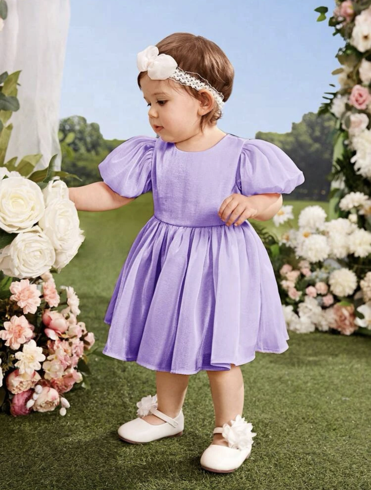 Vestido lila de manga farol con cremallera trasera - Imagen 2