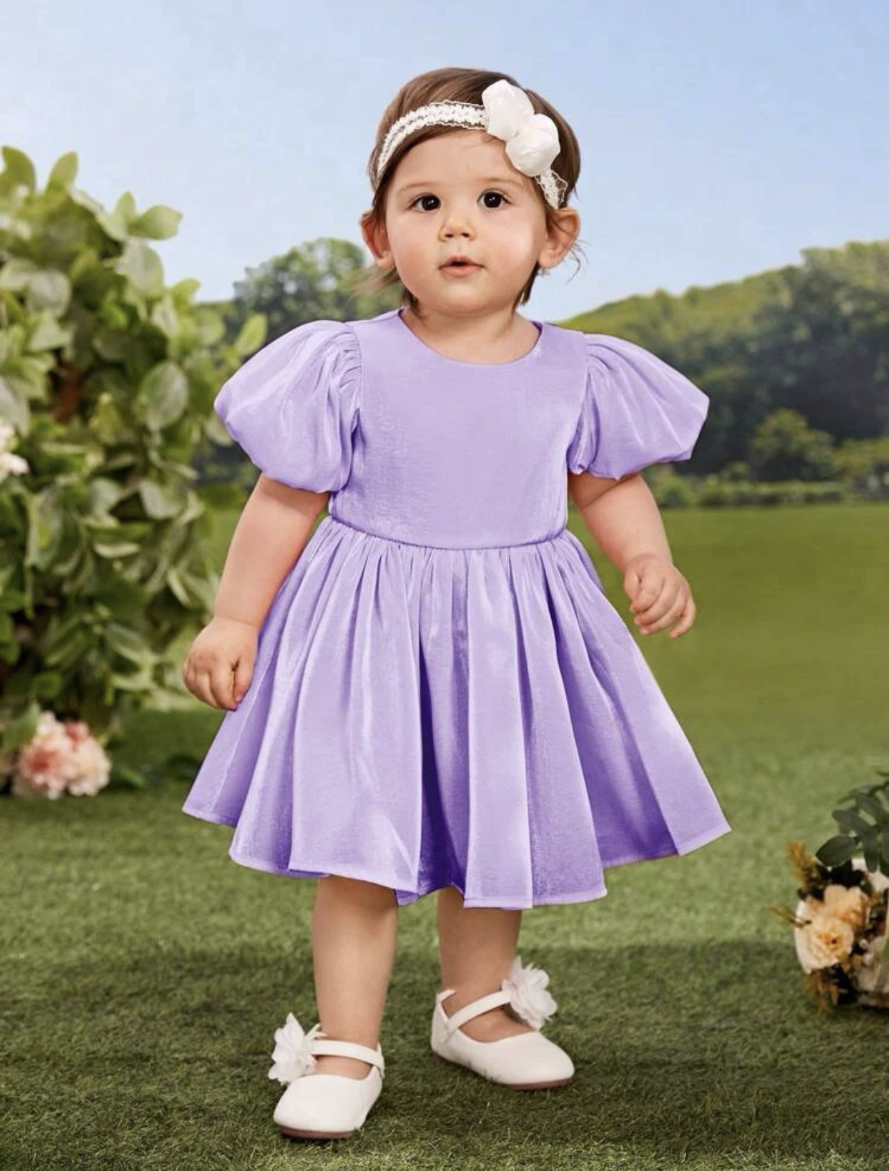 Vestido lila de manga farol con cremallera trasera - Imagen 4