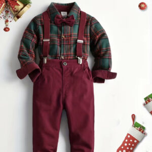 Conjunto niño camisa a cuadros de navidad, pantalón con pechera