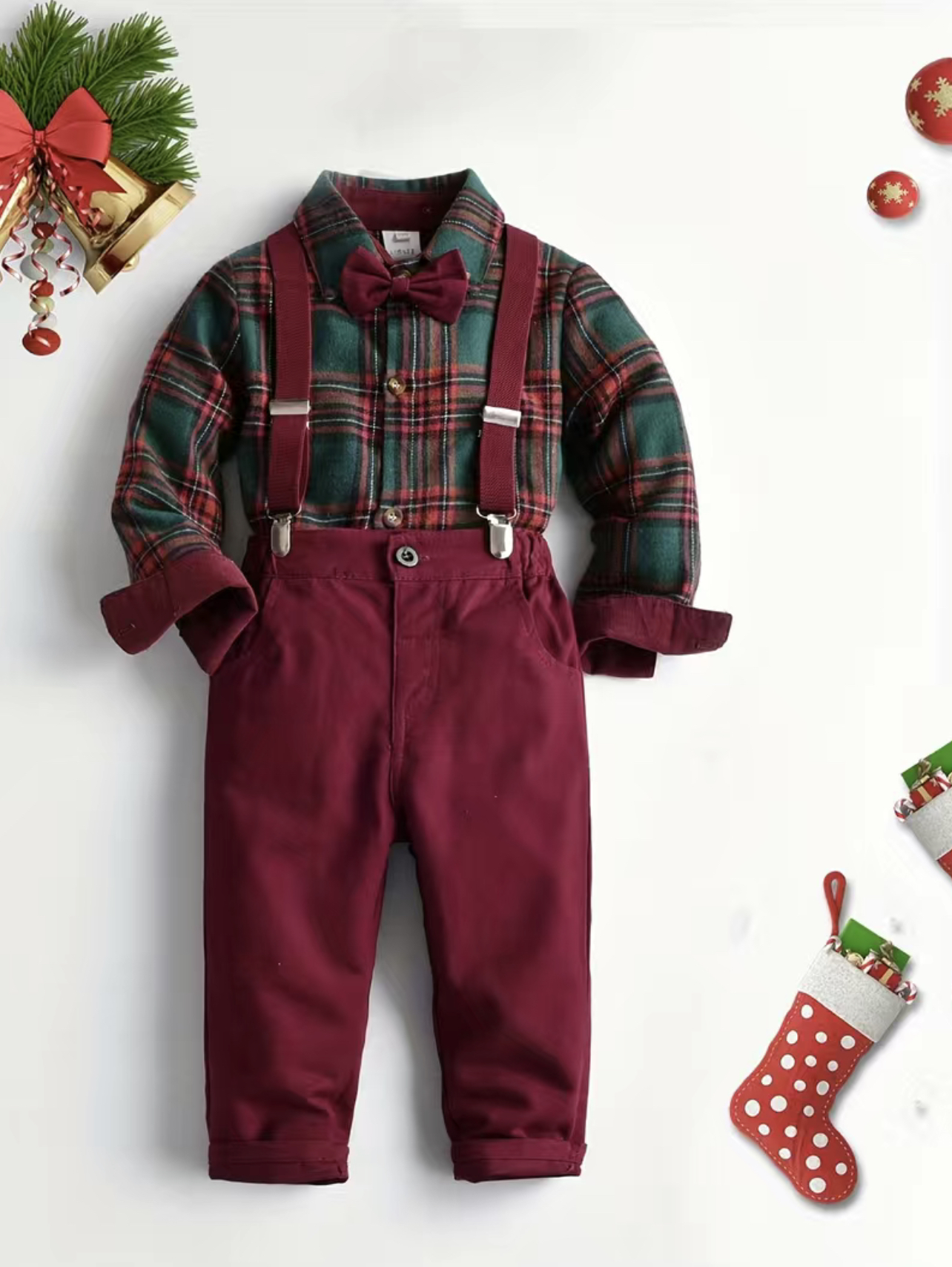 Conjunto niño camisa a cuadros de navidad, pantalón con pechera