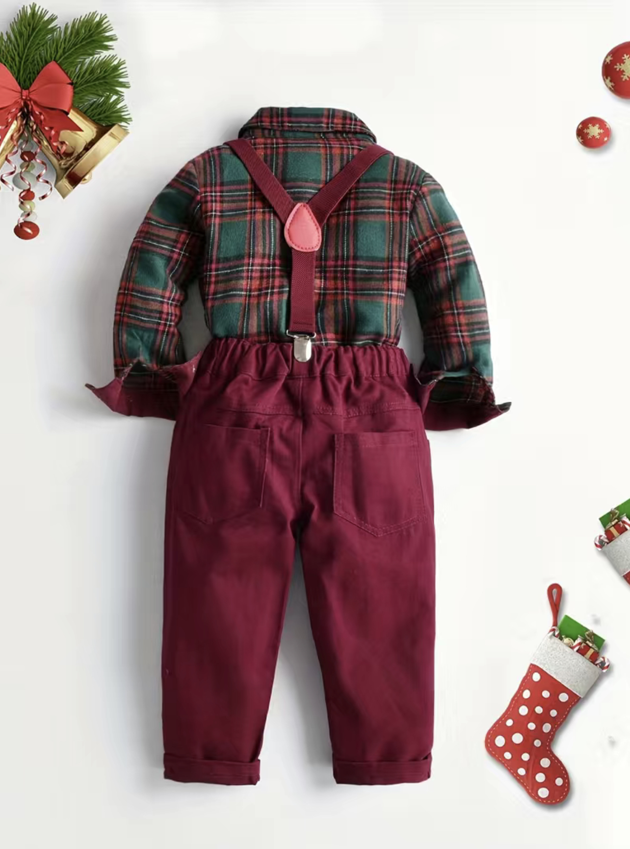 Conjunto niño camisa a cuadros de navidad, pantalón con pechera