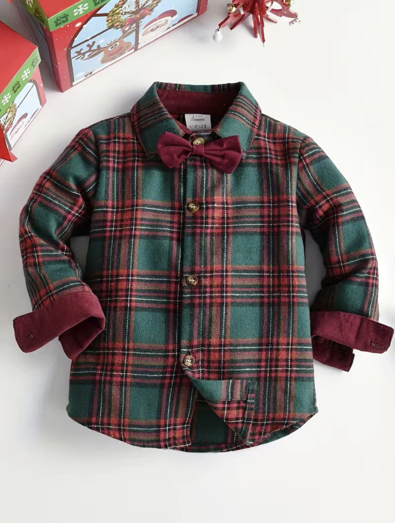 Conjunto niño camisa a cuadros de navidad, pantalón con pechera - Imagen 2