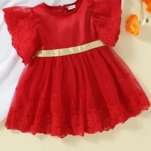 Vestido de manga corta con malla bordada rojo