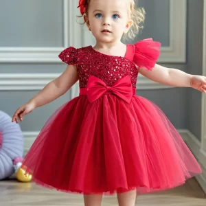 Vestido de fiesta rojo vino con tul y lentejuelas con lazo