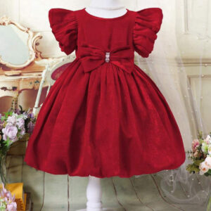 Vestido de manga farol con lazo delantero color rojo vino