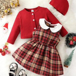 Vestido con estampado de cuadros para niña, abrigo y gorro