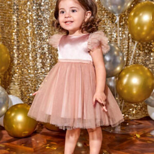 Vestido de fiesta ribete con fruncido con malla