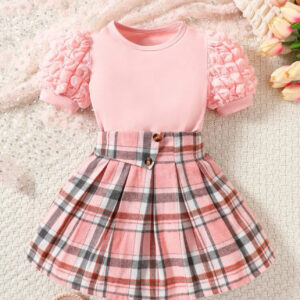 Conjunto de 2 piezas rosa cuello redondo y manga abombada