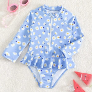 Bañador una pieza azul con peplum y manga raglán margaritas