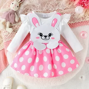 Vestido 2 en 1 rosa con estampado de conejo de lunares blancos
