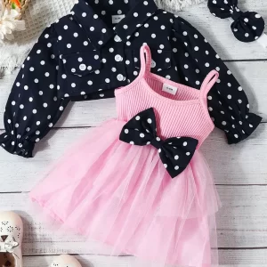 Conjunto de abrigo corto de lunares + Vestido rosado + cintillo