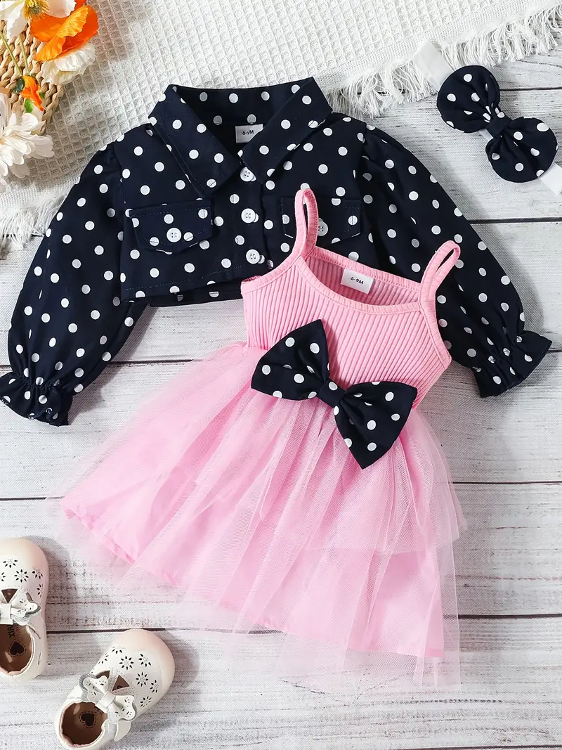 Conjunto de abrigo corto de lunares + Vestido rosado + cintillo