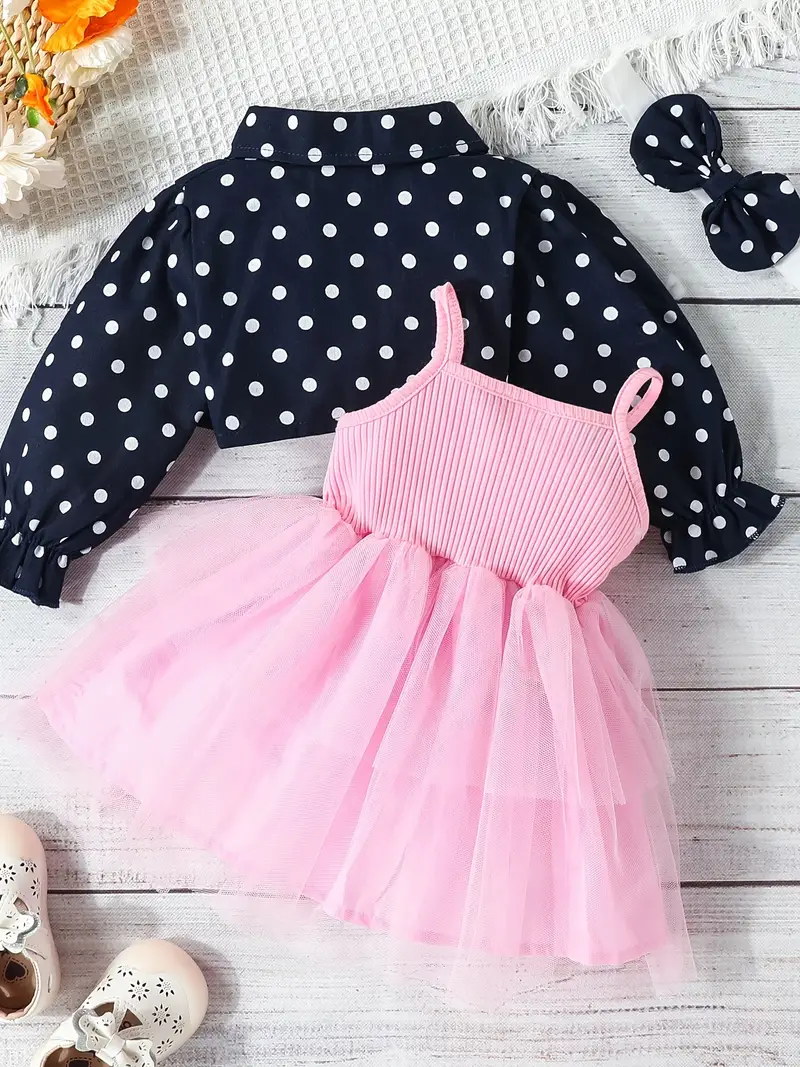 Conjunto de abrigo corto de lunares + Vestido rosado sin mangas - Imagen 2
