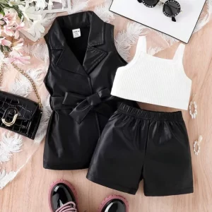 Outfit 3 piezas blusa acanalada short y chaleco largo PU
