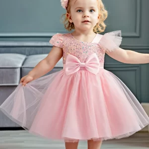 Vestido de fiesta rosa de lentejuelas y malla