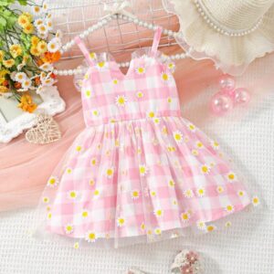 Vestido de tirantes a cuadros con tul con estampado de margaritas