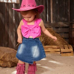 Conjunto 2 piezas parte top con lazo rosa y falda azul lavada