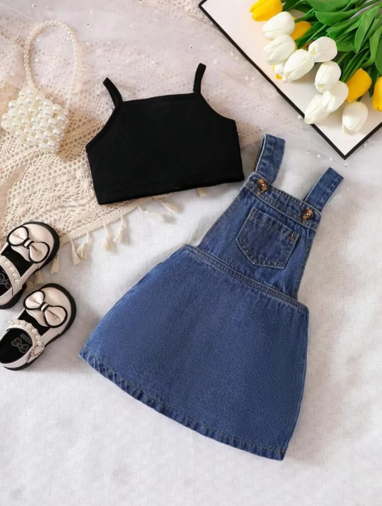 Vestido overol jean con top negro - Imagen 2