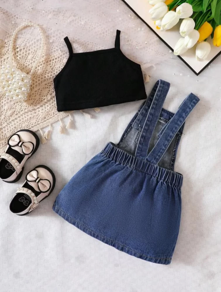Vestido overol jean con top negro - Imagen 3