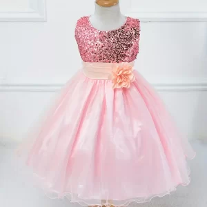 Vestidos rosado con aplique de flor y lentejuelas