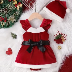 Romper vestido con tirantes volantes con cinturón + gorro navideño