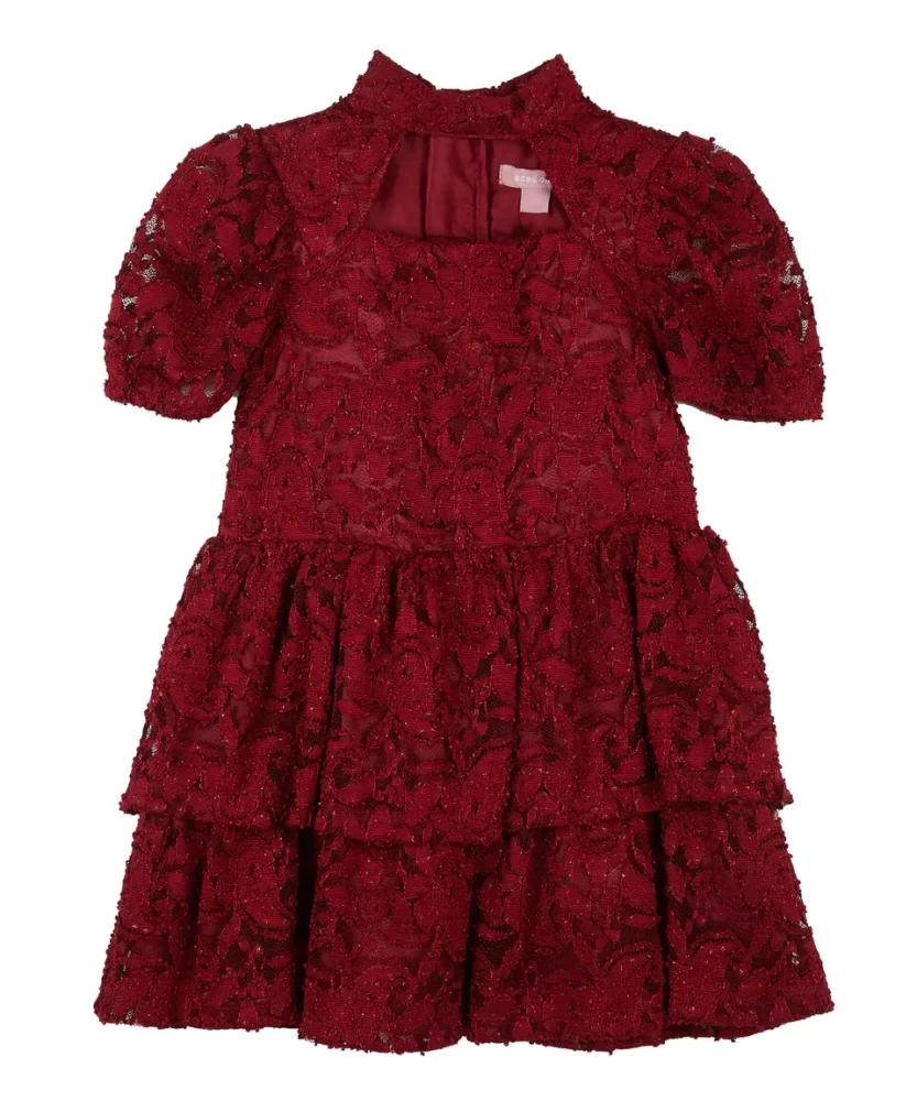 Vestido rojo vino relieve floral con capas