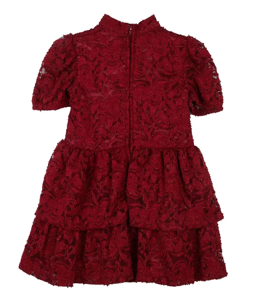 Vestido rojo vino relieve floral con capas