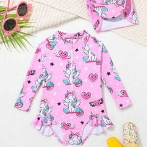 Traje de baño de una pieza de manga larga con estampado de unicornio