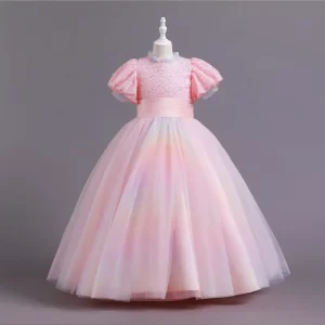 Vestido de fiesta manga abullonada con detalles de purpurina y cinturón
