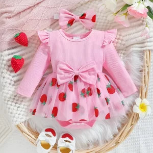 Romper vestido manga larga a rayas con falda de tul de fresa