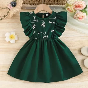 Vestido verde con bordado floral falda A-Line flotante