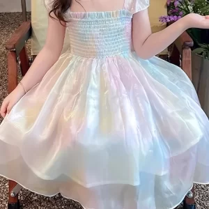 Vestido diseño ombré degradado cuello cuadrado y volantes