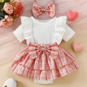 Romper vestido con estampado a cuadros cintura con lazo y cintillo
