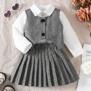 Conjunto de 3 piezas gris estilo preppy - blusa, chaleco y falda plisada