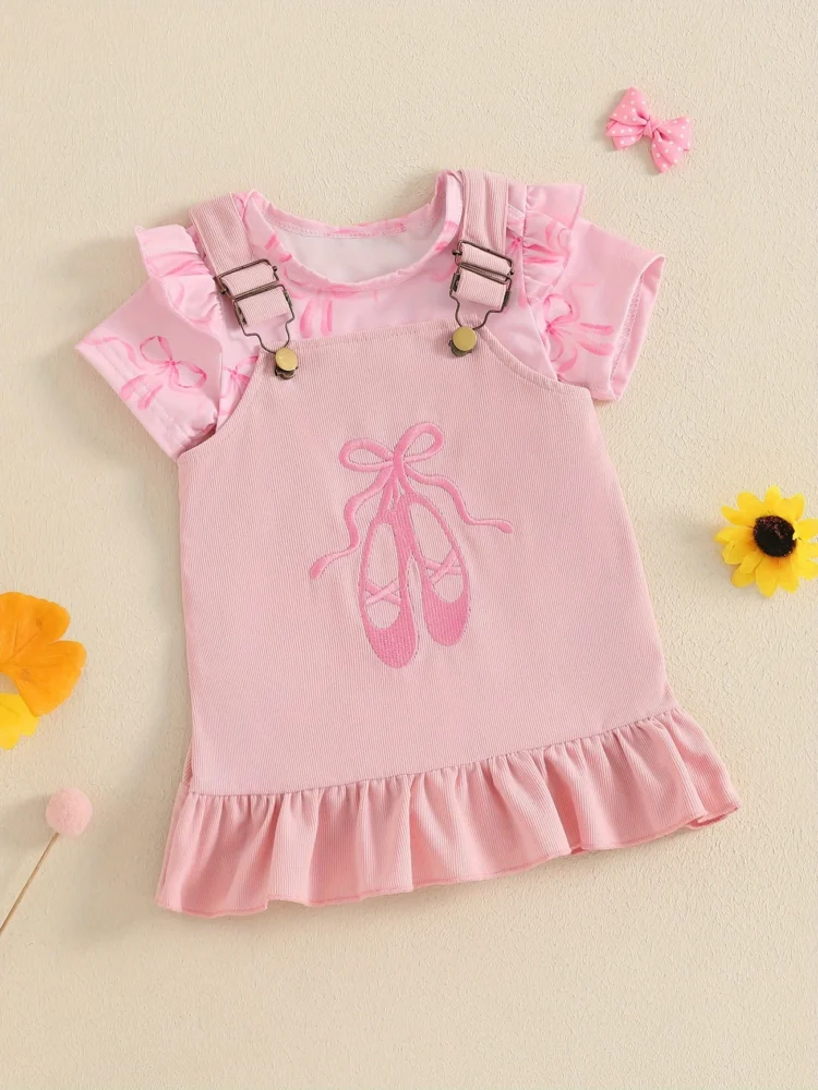 Body rosado con vestido pana con estampado zapatos bailarina