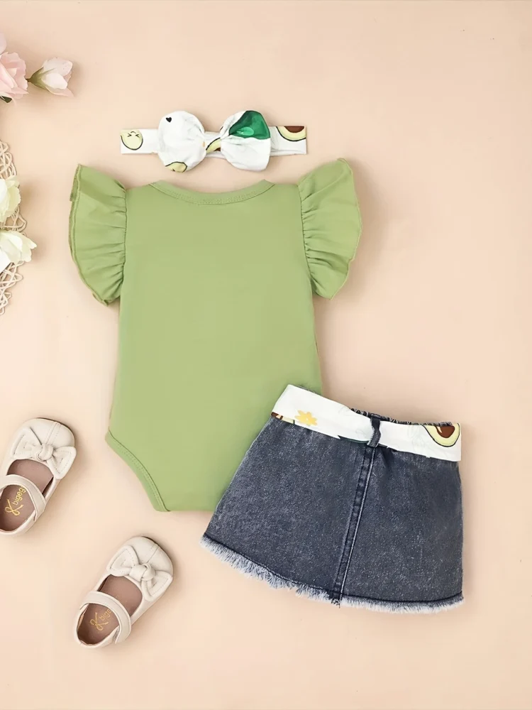 Body estampado de aguacate falda de mezclilla y cintillo