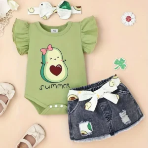 Body estampado de aguacate falda de mezclilla y cintillo